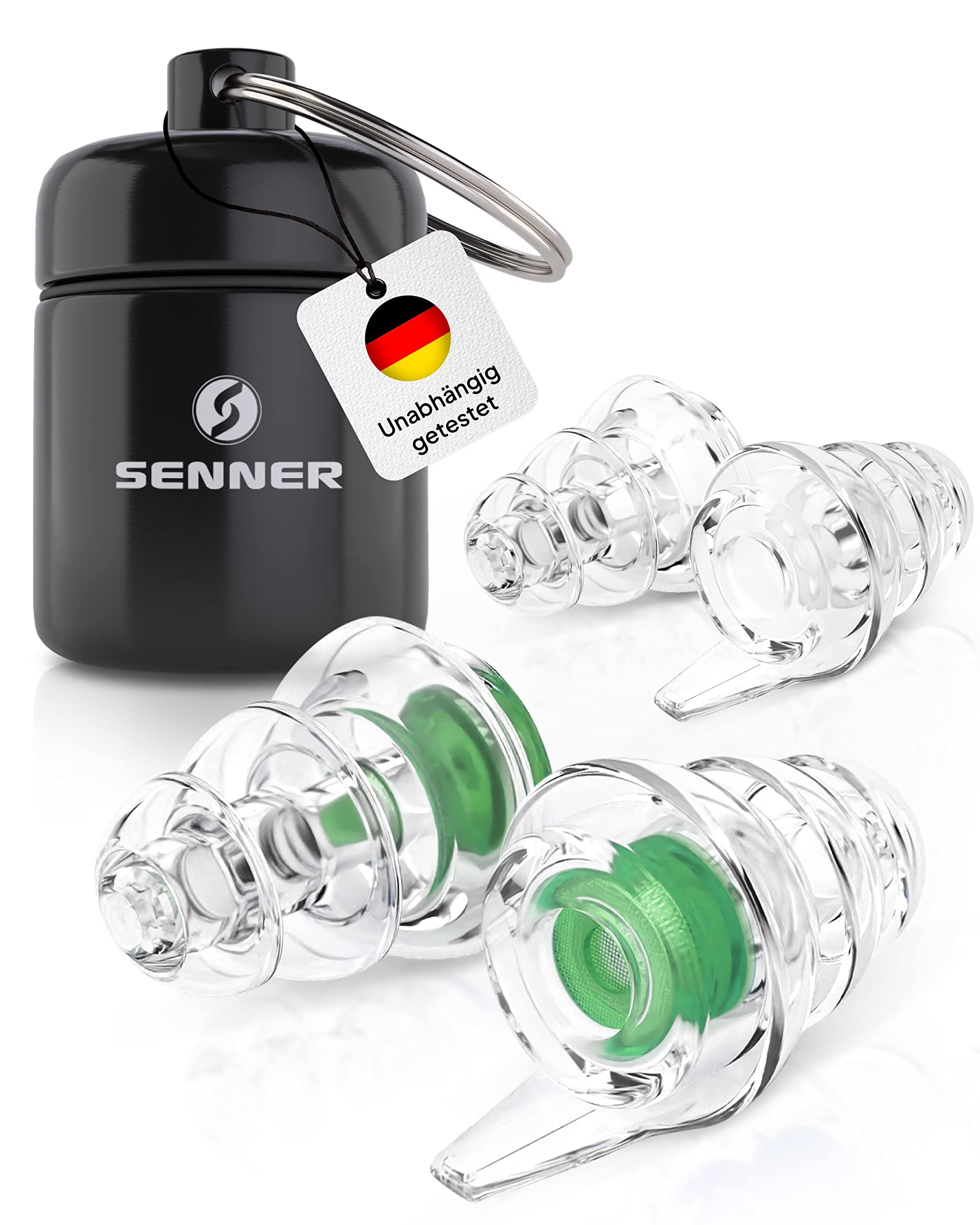 Senner MusicPro Gehörschutz Ohrstöpsel | Hi-Fi Membranfilter, Schlüsselanhänger, SNR 19 dB, transparent/grün