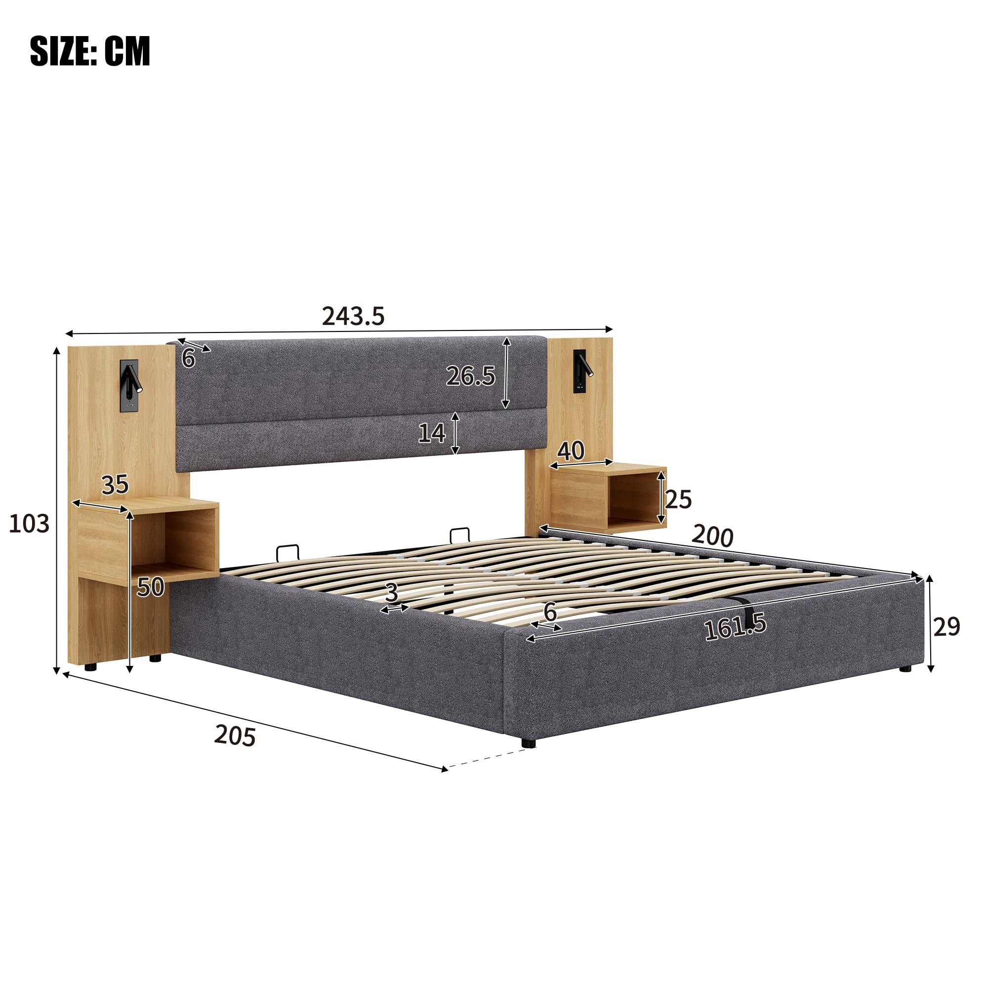Letto imbottito 160 x 200 cm, idraulico, con connettore USB, illuminazione con due comodini con spazio di archiviazione, rete a doghe in legno, facile da montare, velluto grigio + naturale