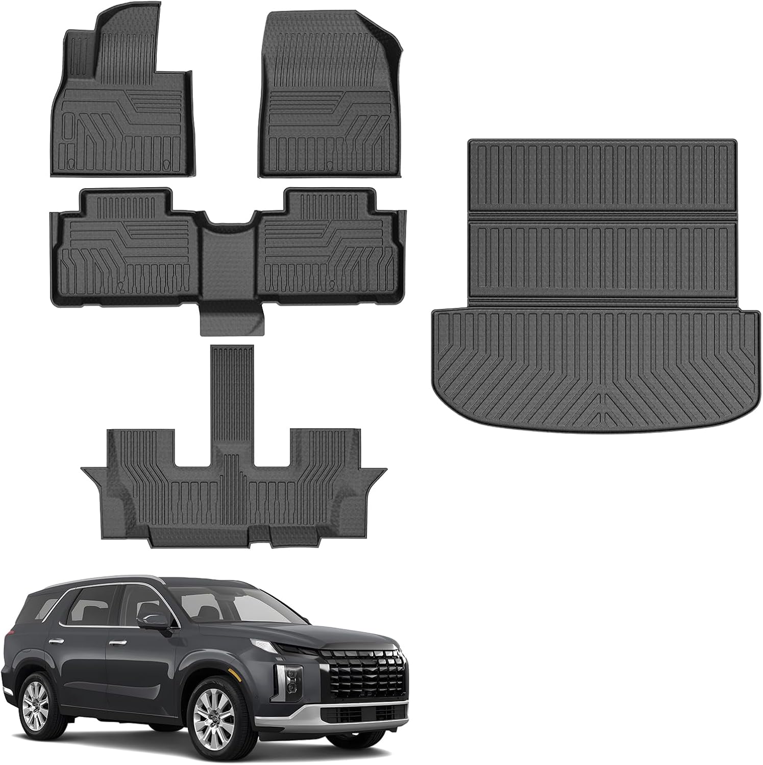 Mixsuper Floor Mats Cargo Liner for Hyundai Palisade 2020-2025 (7 Seater), All Weather 2 Row Floor Liners and Trunk Mat Set Black
