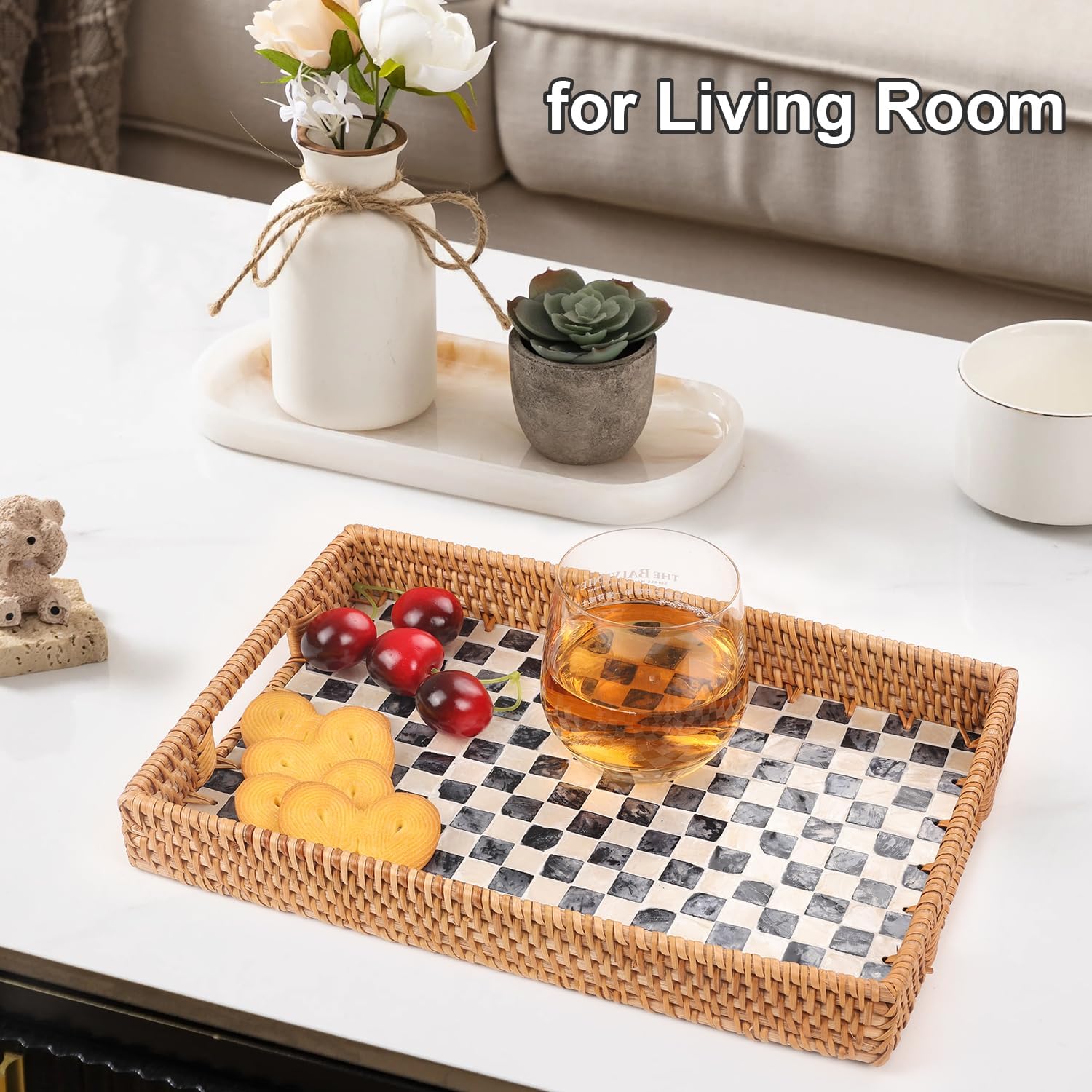 Rectangle Rattan Tray with Mother of Pearl Inlay, Rattan Serving Tray with Handle for Coffee, Bread, Fruits, Snacks, Decorative Wicker Tray for Table Decor (Black Checkerboard, 13"×9") - Image 5