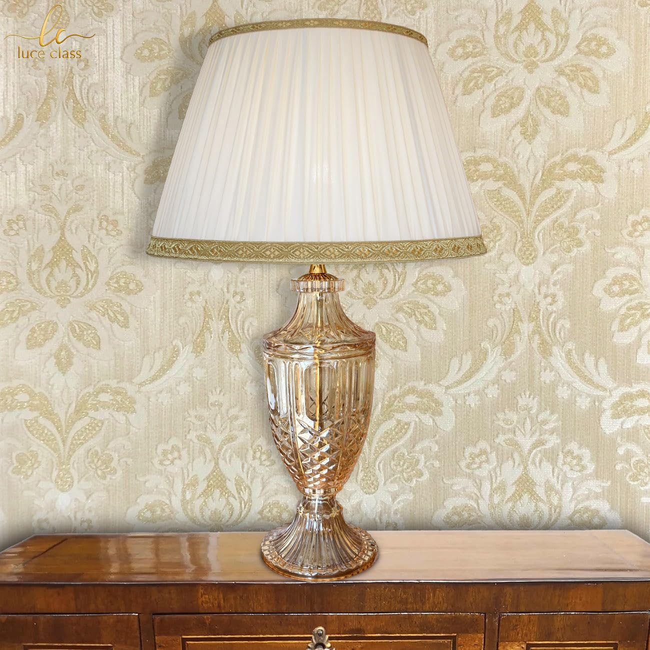 Generico LUCECLASS - C566G-CH lampada da tavolo classica in cristallo ambra con paralume in seta plissé lume da salotto elegante, per camera letto, hotel