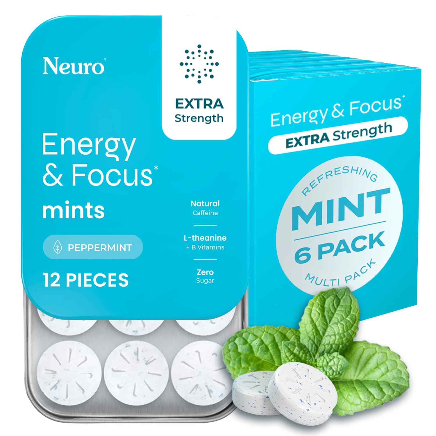 Neuro Energy & Focus Mints, Extra Strength - Sugar Free Breath Mints with 100mg Natural Caffeine, B Vitamins & L-Theanine - Vegan Brain Supplement for Exercise, Study & Daily Focus - Peppermint, 72 ct