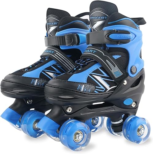 Patines de ruedas para niños y niñas principiantes y pequeños, 4 tamaños ajustables de patines de ruedas con ruedas que se iluminan para niños, Azul