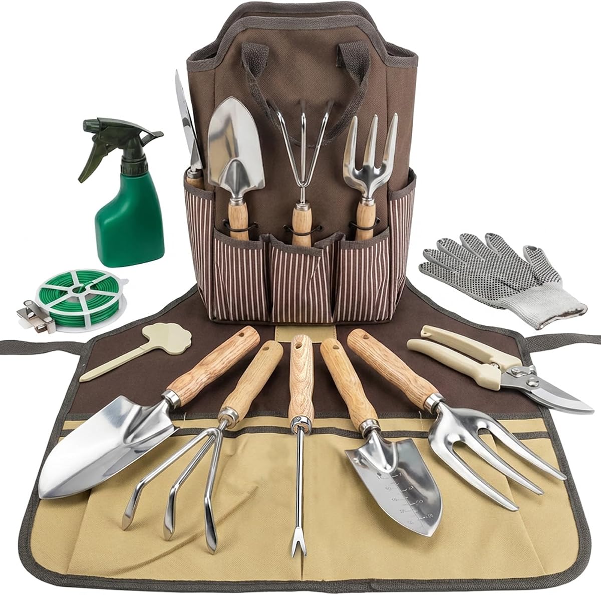 Beswill Juego de Herramientas de Jardín, 12 Piezas Herramientas de Mano de Jardinería de Alta Resistencia con Bolso Organizador de Herramientas de Jardín, Delantal, Kit de Jardinería de Acero Inoxidable a Prueba de Herrumbre, Mango de Madera, Regalos de Jardín Ideales para Mujeres y Hombres