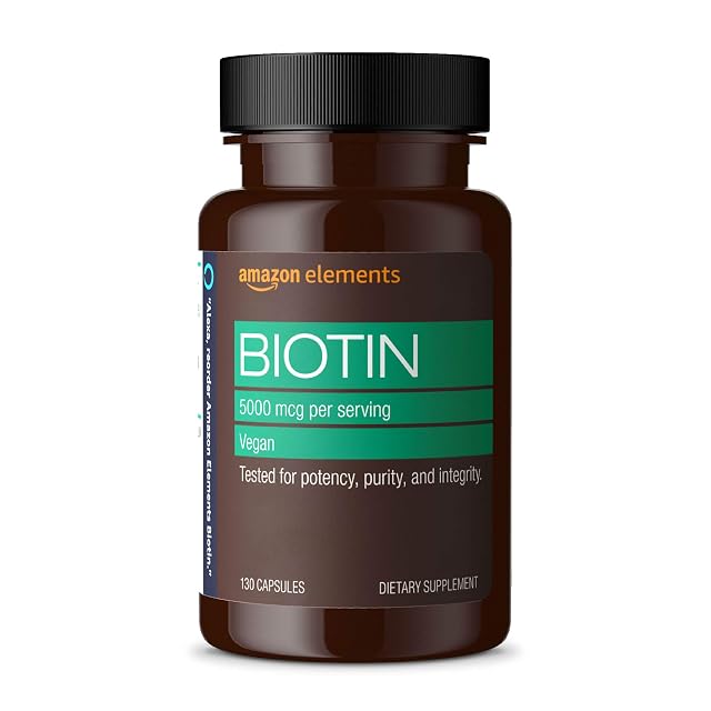 Amazon Elements Vegan Biotin 5000 mcg - Hair Skin Nails 130 Capsules 4 month supply Packaging may vary