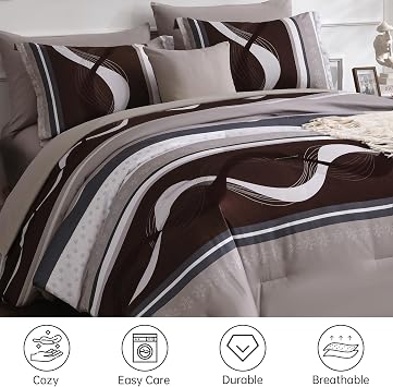 Anibedding Striped Comforter Set Full Size,8 Pieces Bed in a Bag Beige and Brown Patchwork Bedding Sets,Boho Soft Microfiber Bedding Set for All Season(7890)