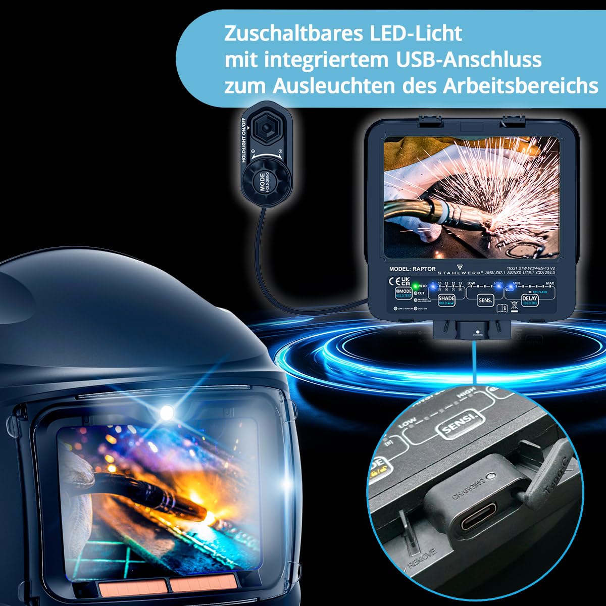STAHLWERK Automatik-Schweißhelm 3-in-1 Raptor – Schweißerhelm mit True-Colour, LED-Licht, autom. Abdunkelung DIN 4-13, optische Klasse 1/1/1/2, Sichtfeld 116 x 81 mm, Schweißschild, Schweißmaske
