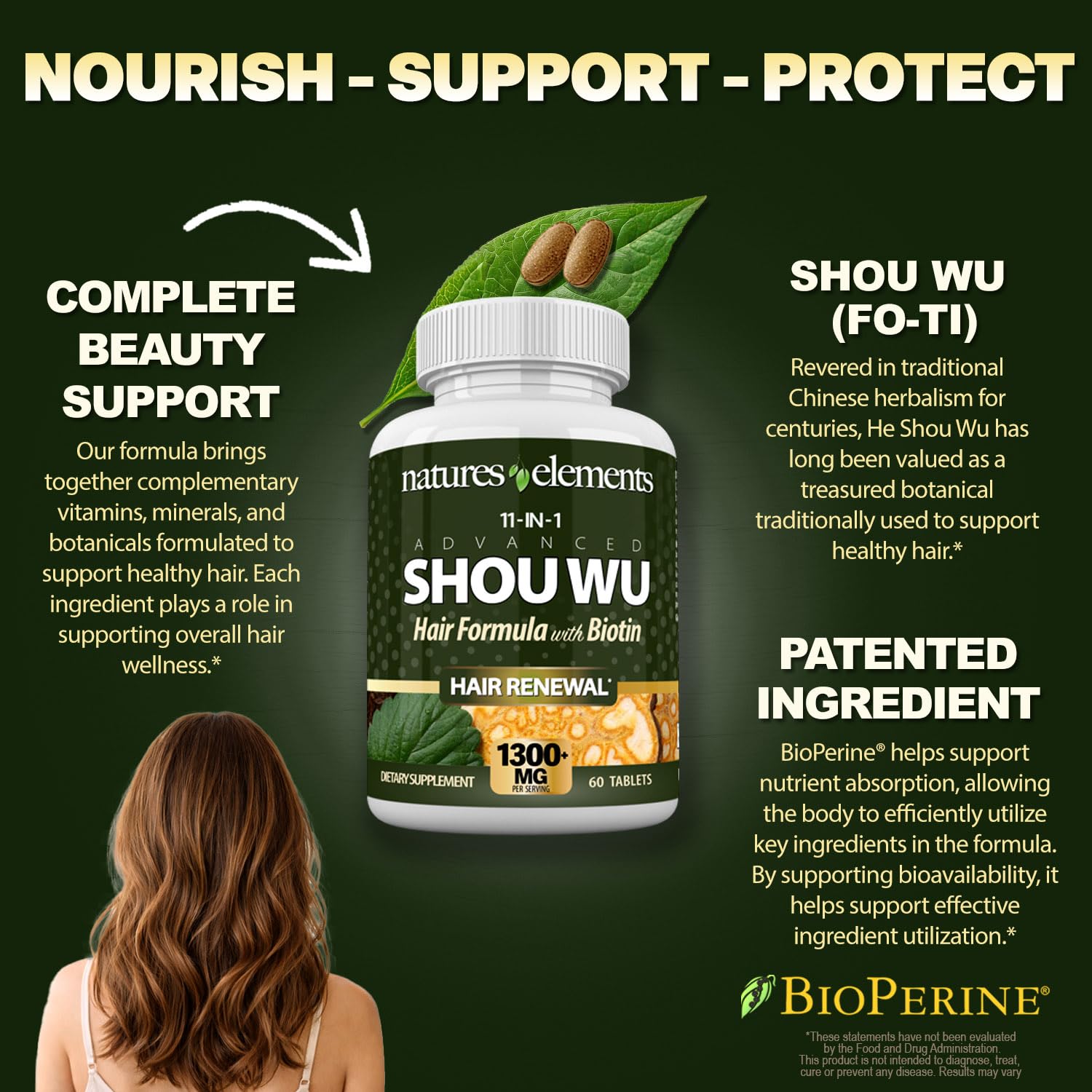 Natures Elements Advanced Shou Wu – He Shou Wu (Fo-Ti) with Biotin & Bioperine, Supports Healthy Hair, Skin & Nails – 60 Tablets – Non-GMO, Gluten-Free