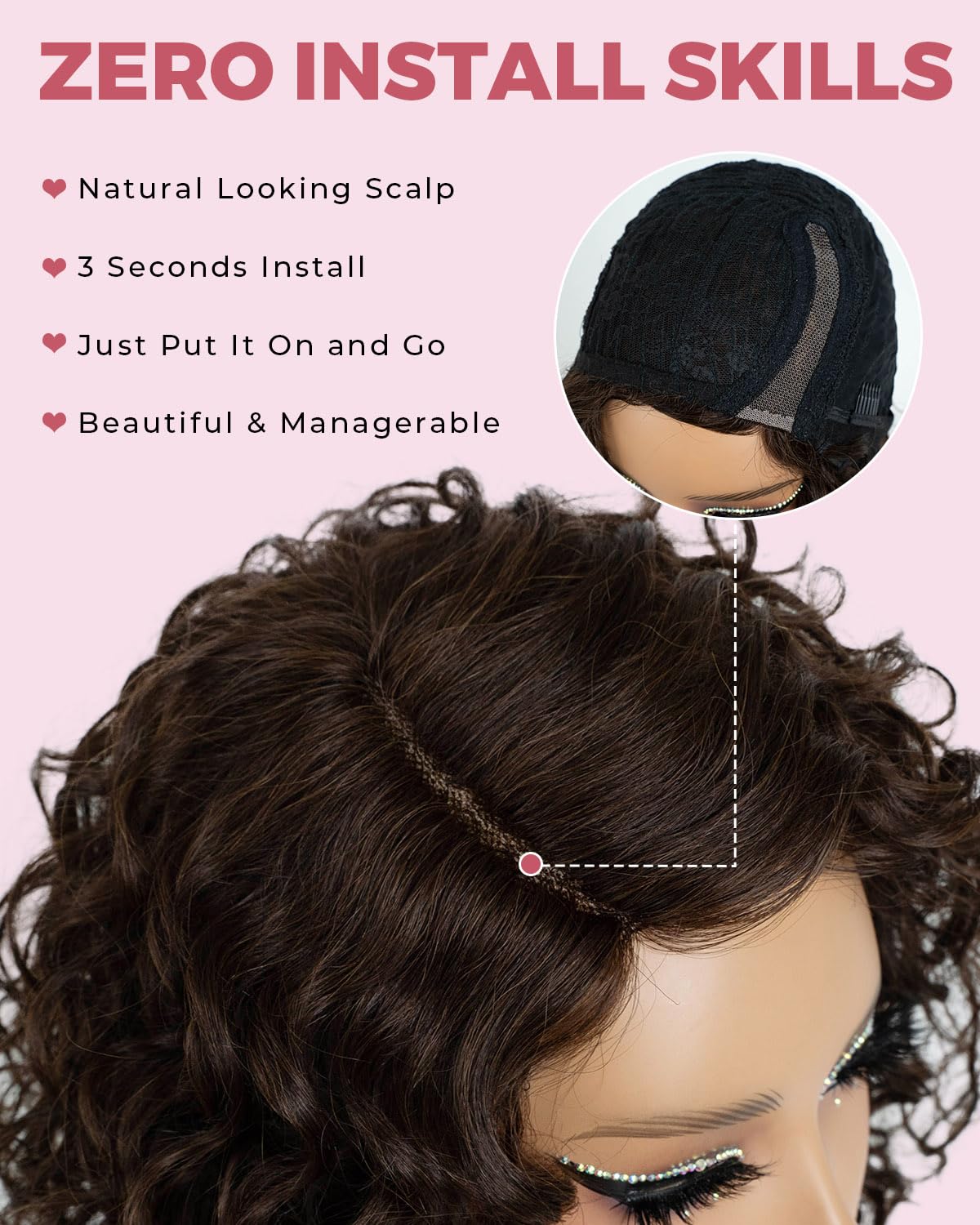 Style Icon Short Water Wave Wigs Human Hair Side Part Lace 12 inch Dark Brown Curly Bob Wigs Glueless Wear and Go Wig for Women C-Lace (Color:4) - Image 4