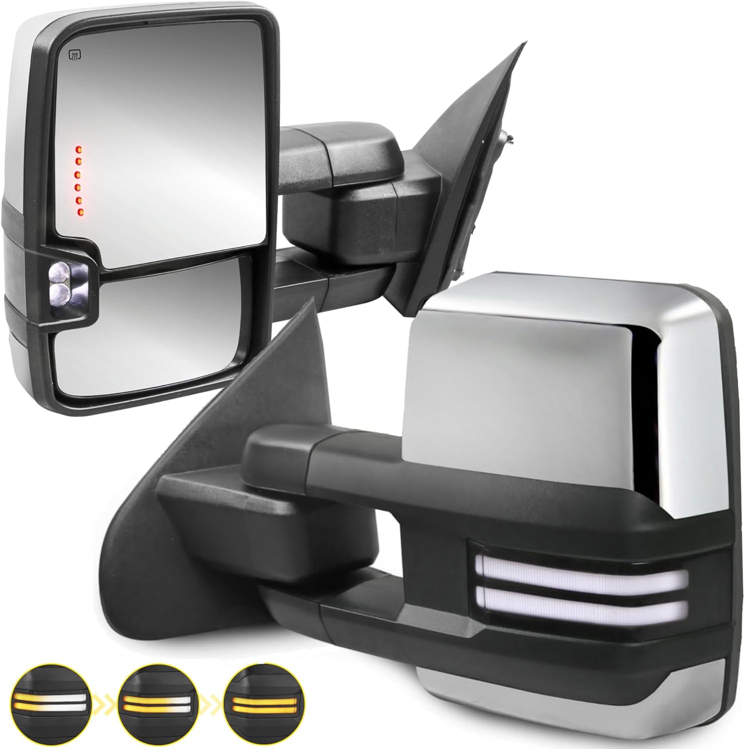 Chrome Towing Mirrors Compatible for 2014-2018 Chevy Silverado GMC Sierra 1500/2015-2018 Silverado Sierra 2500HD 3500HD Pickup w/Sequential Turn Signal White DRL Side View Mirror