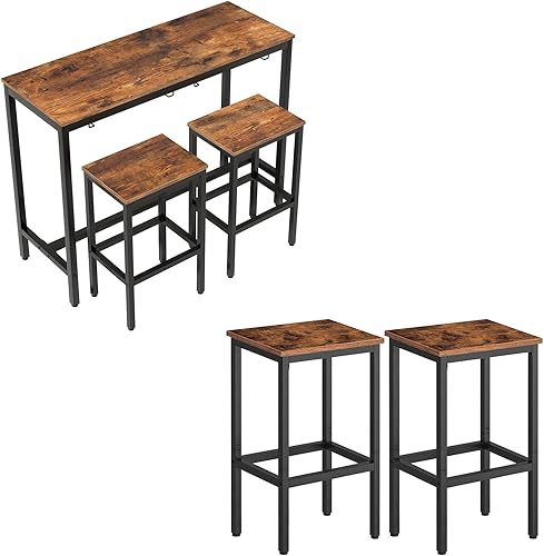 HOOBRO Juego de mesa de bar, taburetes de bar, juego de 2 sillas de bar con reposapiés, marco de acero negro, pies ajustables, para sala de estar,