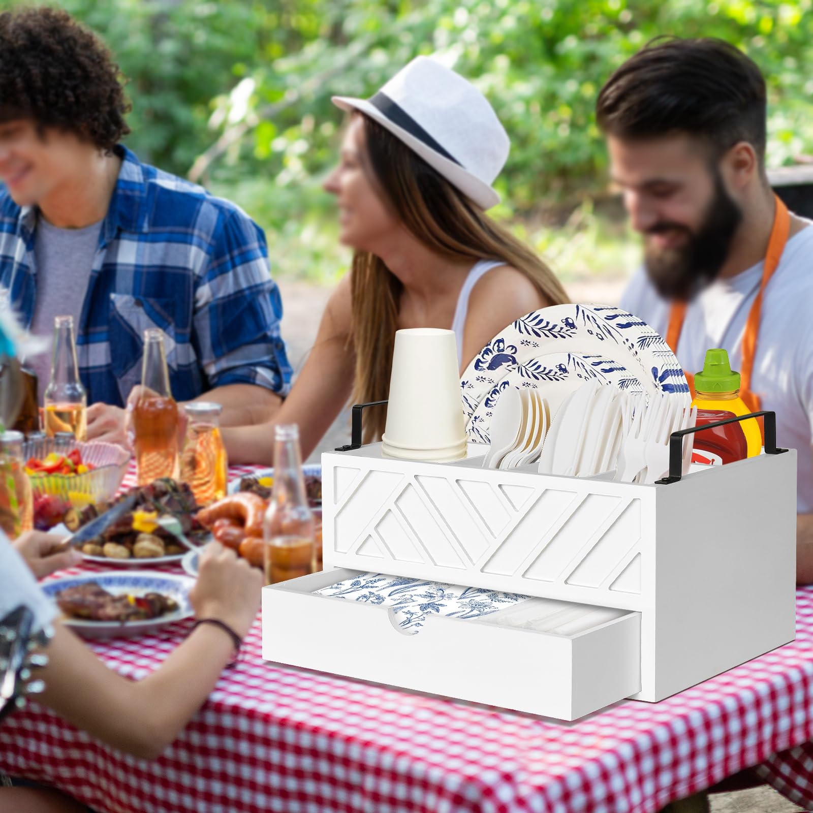 Paper Plate Dispenser with Drawer, Paper Plate Holder for Kitchen Counter, Wood Rustic Silverware Utensil Caddy, Cutlery Flatware Organizer for Cup Spoon Fork Plates Napkins, White Kitchen Accessories