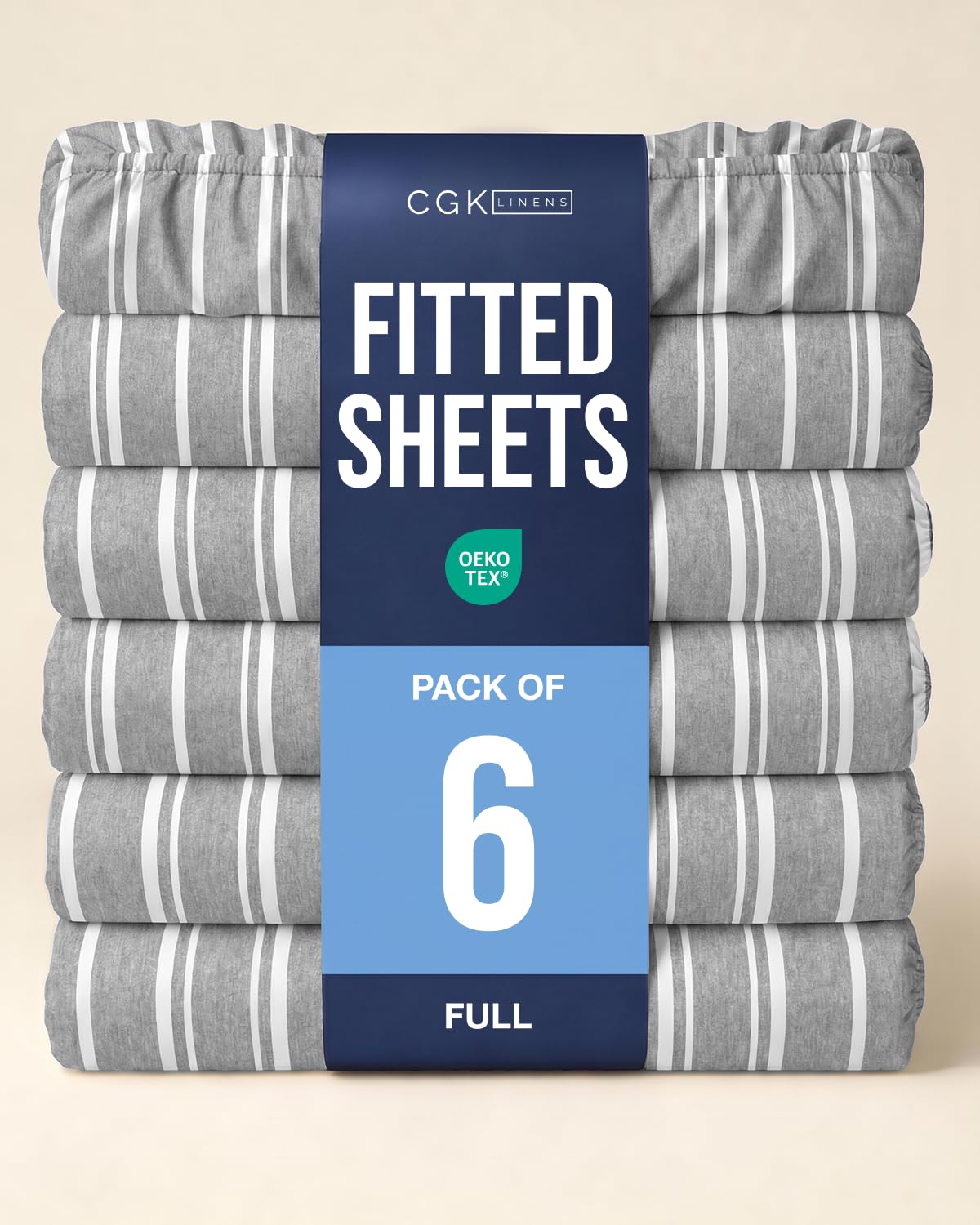 Full Fitted Sheet - Pack of 6 Single Fitted Bottom Sheet - Grey Stripes