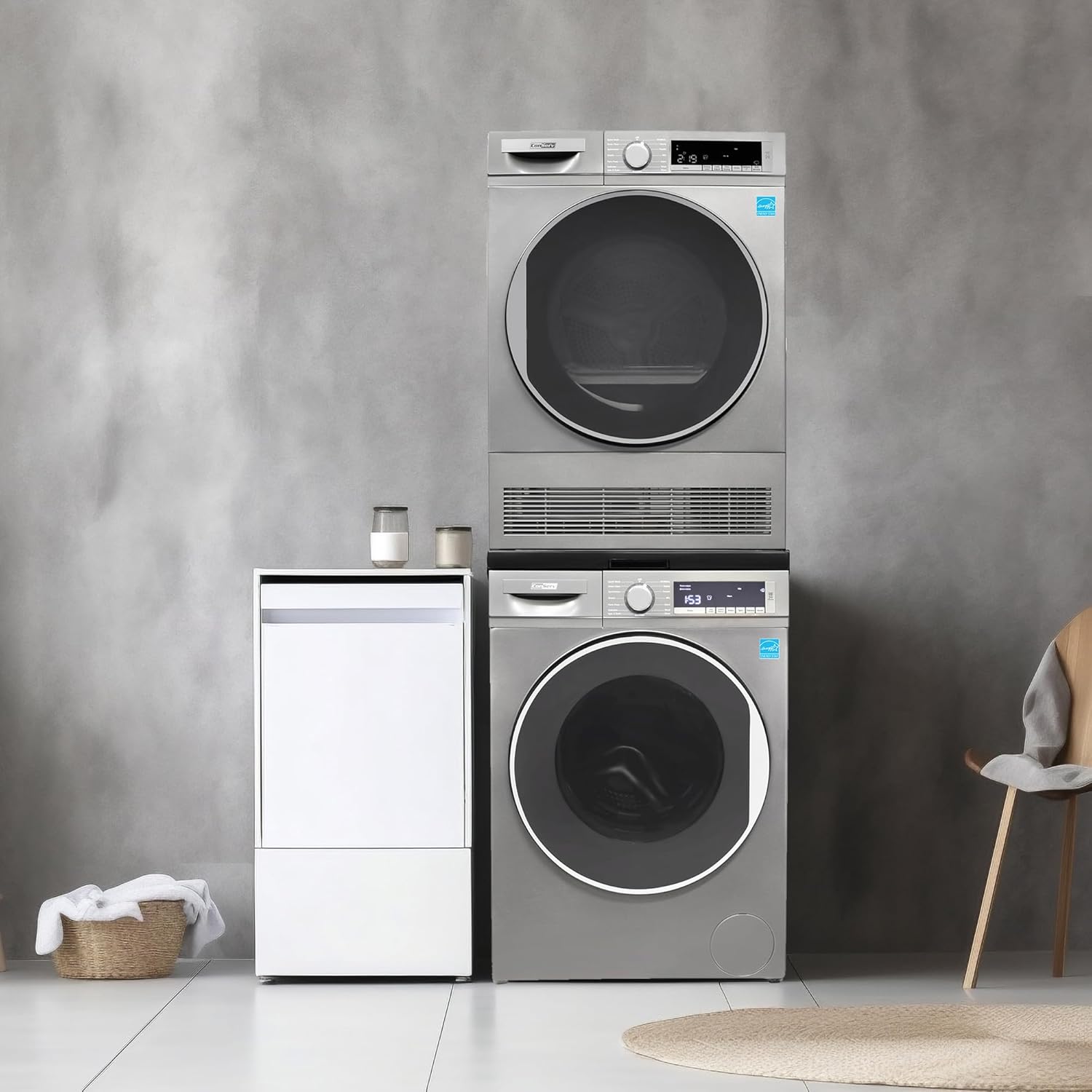 Conserv 2.2 cf 120 V Washer & 4 Cf 220V Condensing Dryer Made in Europe (Titanium + Stacking kit)