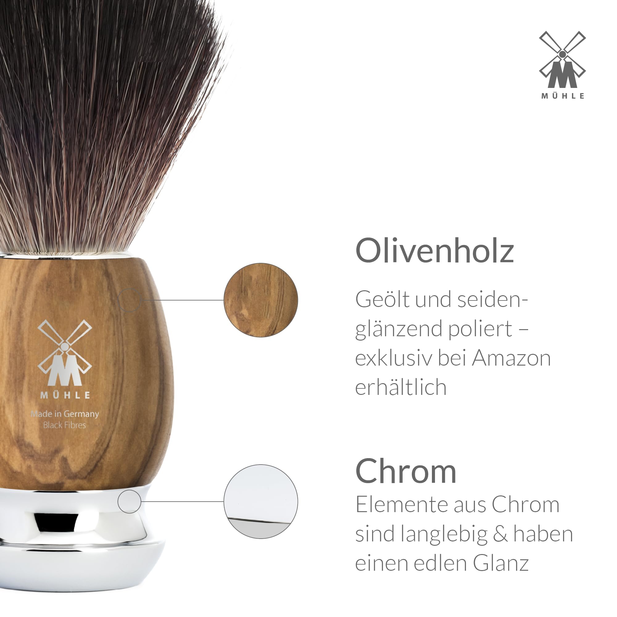 MÜHLE Vivo Rasierset - Rasierhobel, Rasierpinsel Black Fibre, Halterung mit Schale, Griffe aus edlem Olivenholz - vegan