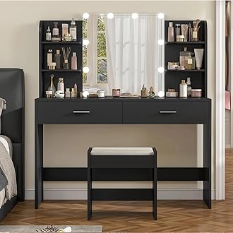 usikey Vanity Desk with Mirror and Lights, Vanity Makeup Table Set with 2 Drawers & 6 Open Shelves, Makeup Vanity Desk Dressing Table with Cushioned Stool, BlackThe Forest Stewardship Council