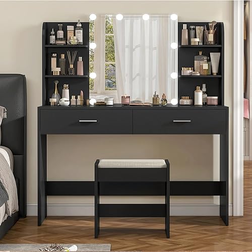 Miniatura 18 de usikey Juego de tocador grande con espejo iluminado y estación de carga, tocador de maquillaje con 4 estantes de almacenamiento y 4 cajones, 43.5"W