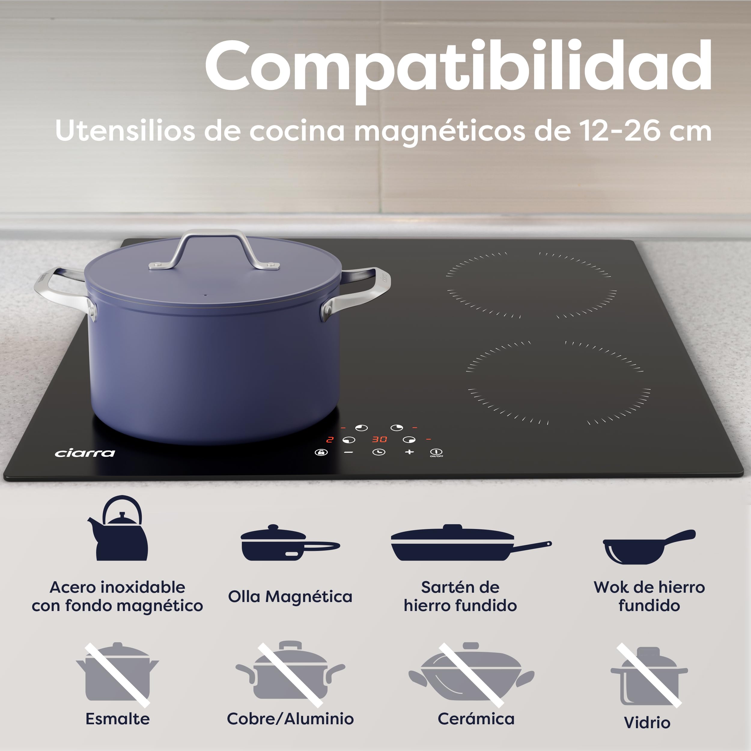 Ciarra Placa Vitroceramica Induccion 60 cm 4 Zonas CABBIH4-A | Limitador de Potencia 2,8/3,5/6kW, Bloqueo Infantil, Detector de Recipientes, Calor Residual, Apagado Automático