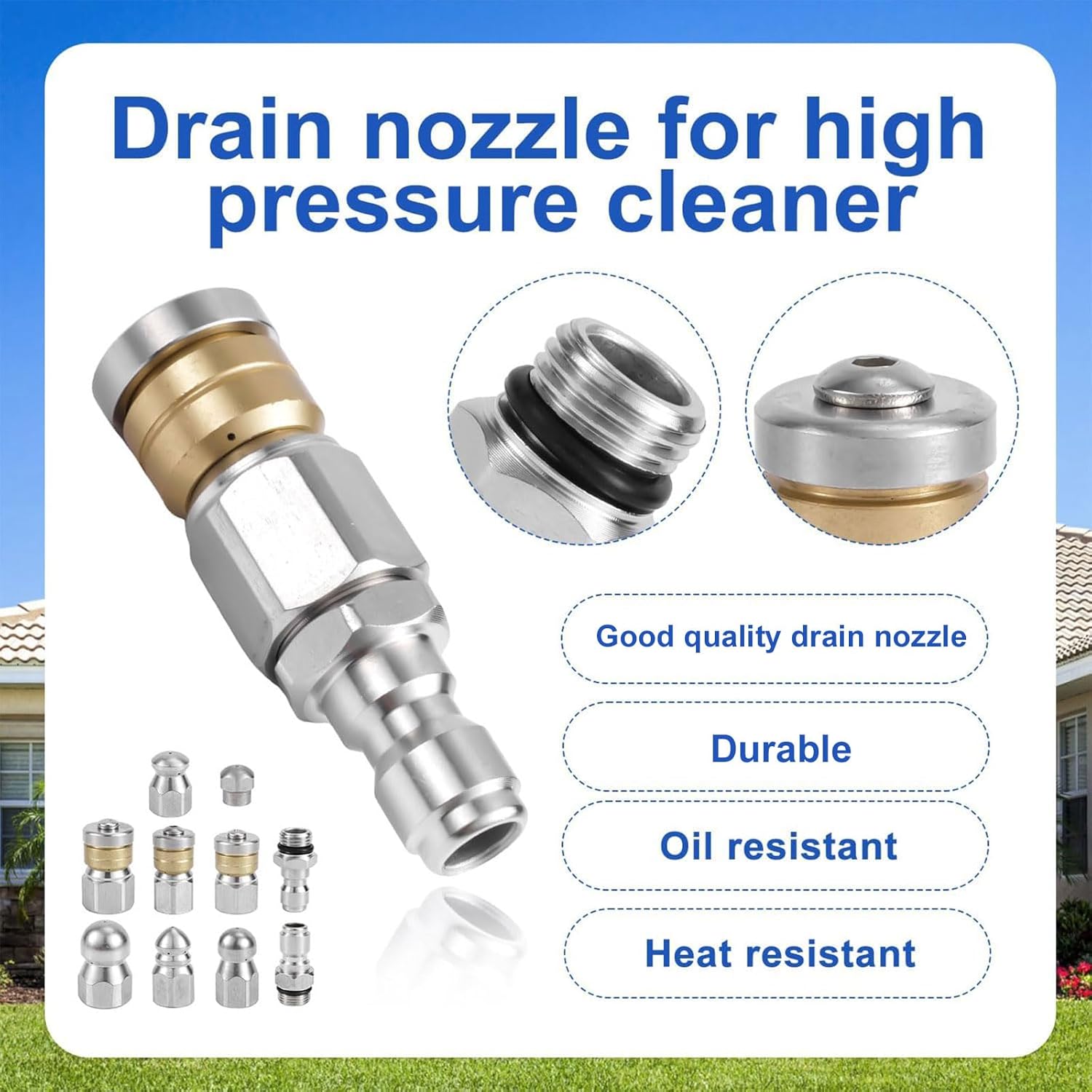 Gosknor 10pcs Sewer Jetter Nozzle Kit with 1/4" & 3/8" NPT Quick Connectors, with 15 Needles Stainless Steel Pressure Drain Jetter Hose Nozzle for Pressure Washer Sewer Cleaning Tool 5000 PSI
