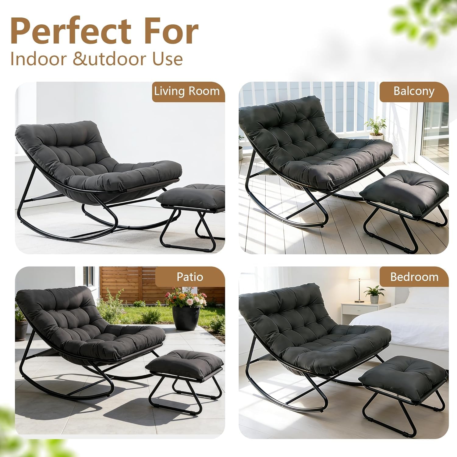 Schaukelstuhl Outdoor mit Hocker, Outdoor Schaukelstuhl Wetterfest, XXL Schaukelsessel Relaxstuhl, Relaxstuhl mit Gepolstertem Kissen, bis 150 kg, Schaukelliege für Garten, Balkon, Terras (Grau)