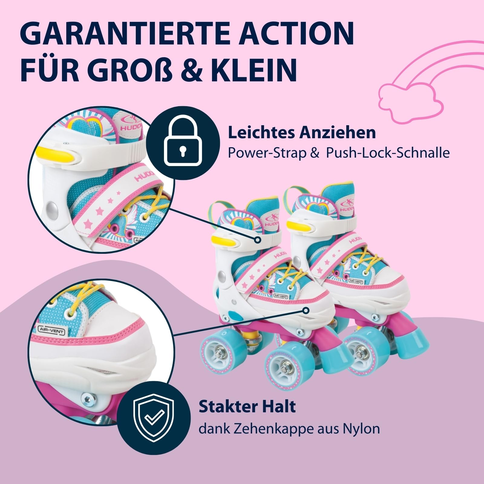HUDORA Roller Skates Wonders in versch. Größen - Bequeme Kinder Rollschuhe über 4 Größen verstellbar - stilvolle Rollschuhe für Kinder bis 60 kg - Roller Schuhe aus hochwertigem Nylon