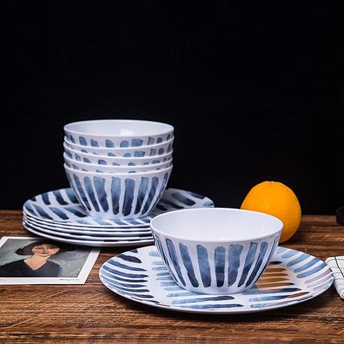 Miniatura 5 de KX-WARE Blue Grid - Platos de melamina, juego de 6 platos de 10.5 pulgadas