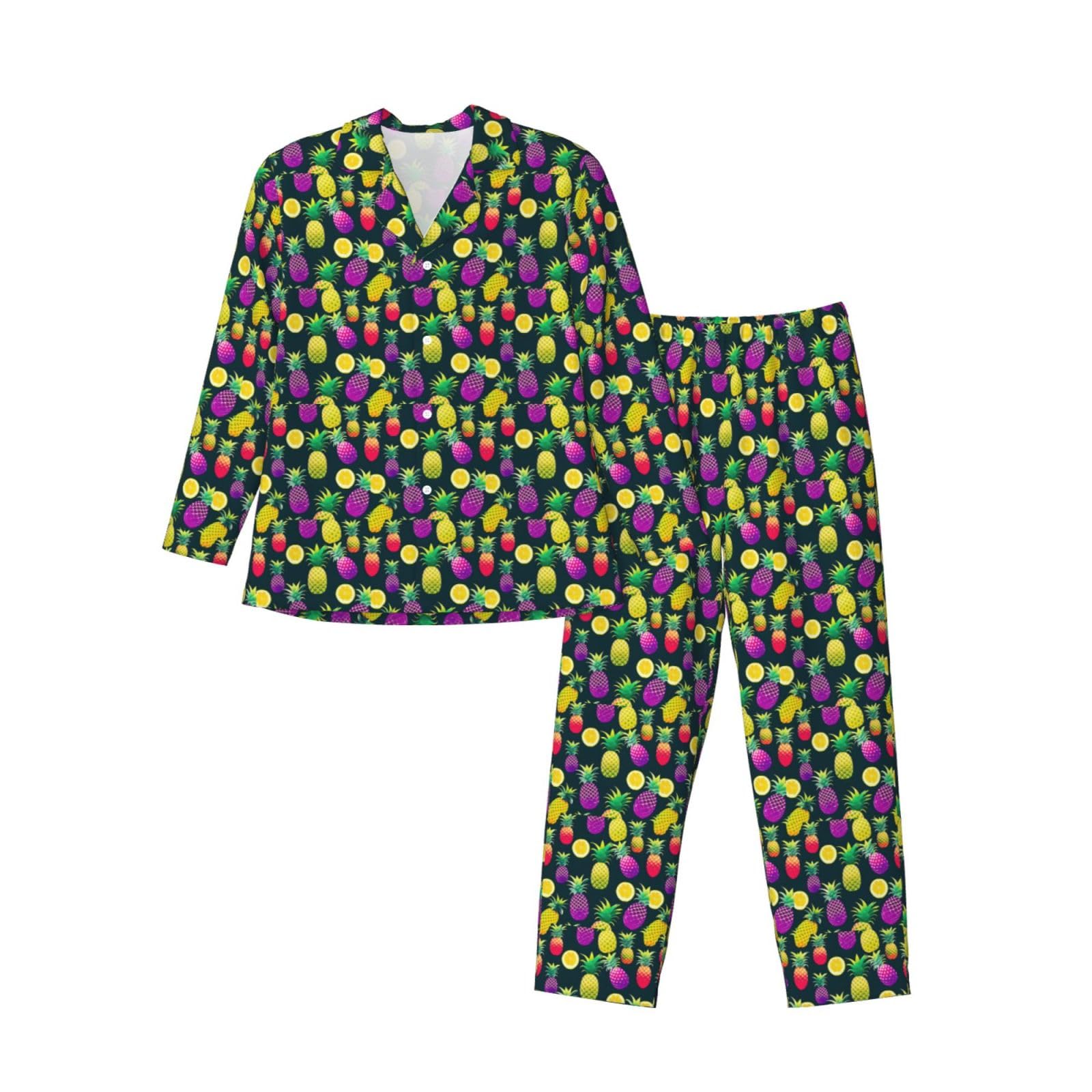Langärmeliges Herren-Pyjama-Set mit buntem Ananas-Druck, zweiteilig, Hauskleidung, bequeme Nachtwäsche