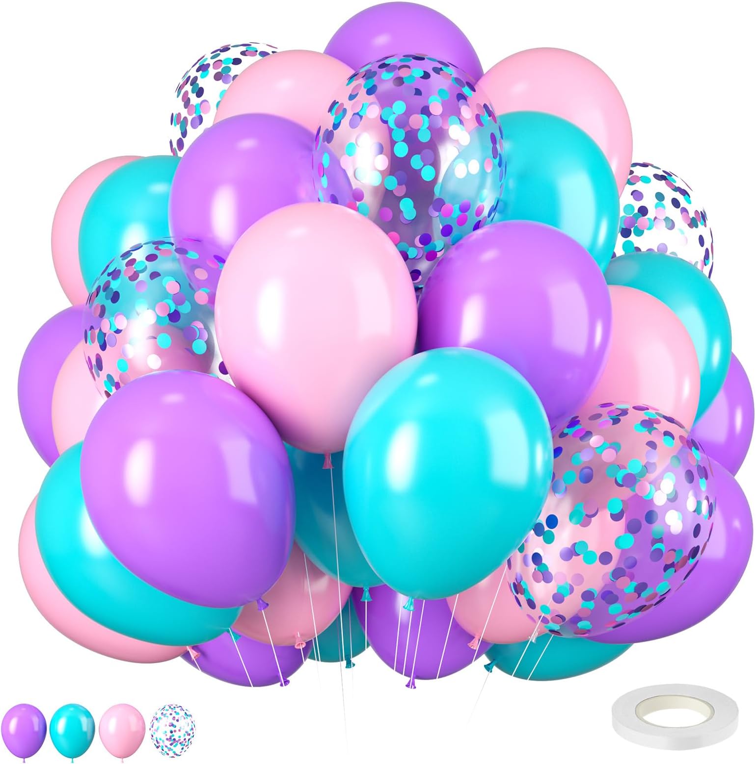 Gaby Mermaid Themed Pink Teal Purple Balloons - 12 Inch Latex Confetti Balloons for Party Decorations