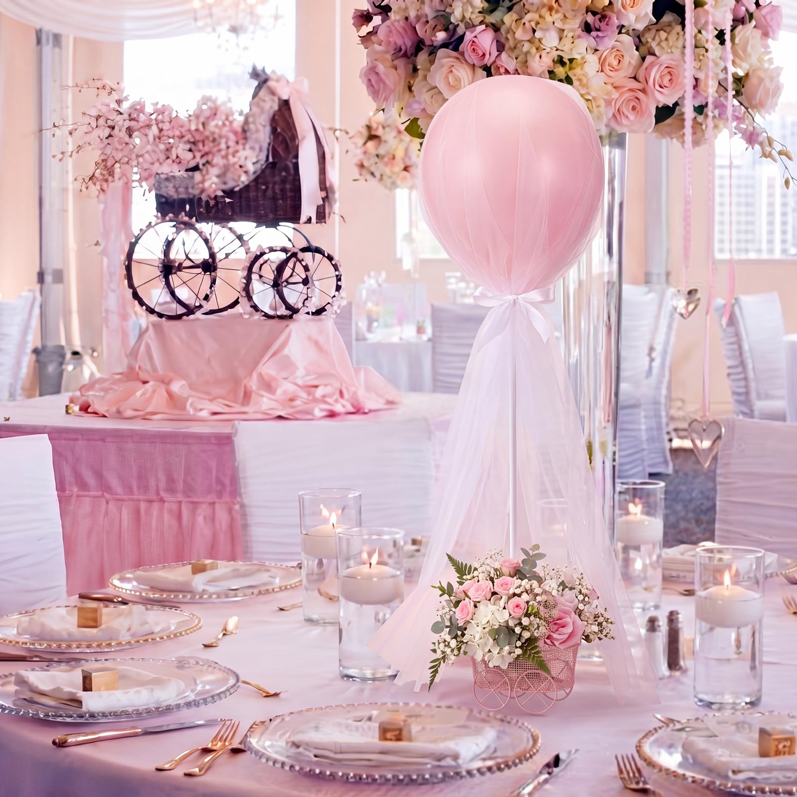 Set di 6 centrotavola rosa per baby shower, decorazioni da tavolo a palloncino a tutù, carrozze, supporti per palloncini per compleanno, sesso, rivelazione, battesimo, festa di nozze