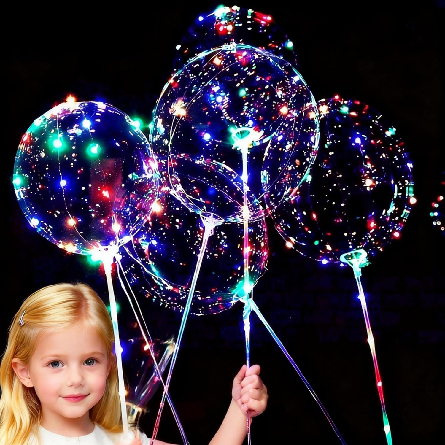 Re-usable 6 PACKS LED Light Up BoBo Balloons with Stick,3 Levels Flashing LED String Lights,20 Inches Bubble Balloons, Air Pump, for Christmas Birthday,Glow in the Dark Party Supplies Decoration