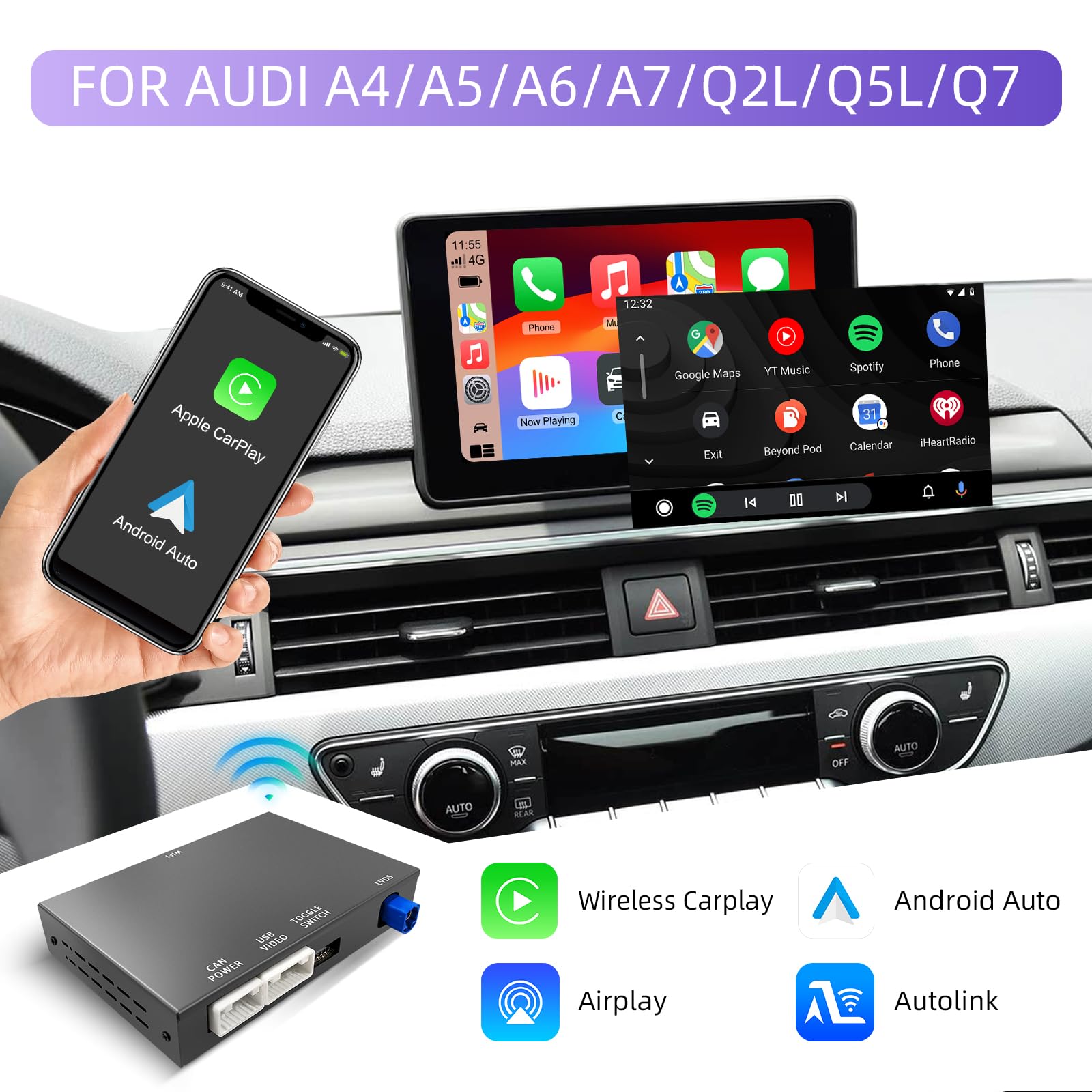 Kit Decoder Wireless CarPlay per Audi MIB/MMI 2014-2022 Schermo 7/8.8 | Supporta Android Auto Mirror Link navigazione GPS Bluetooth controllo volante per A3 A4 A5 A6 A7 Q2L Q5L Q7 Plug and Play