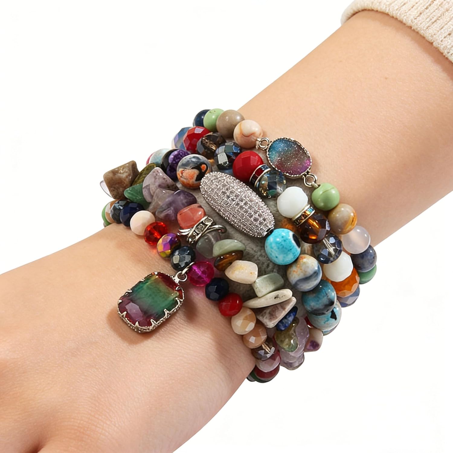 ZOSOJONA 5Pcs Boho Stackable Beaded Bracelets with Crystal Agate Pendant, Stretch Elastic Charm Bracelets for Women Jewelry Gifts - Image 2