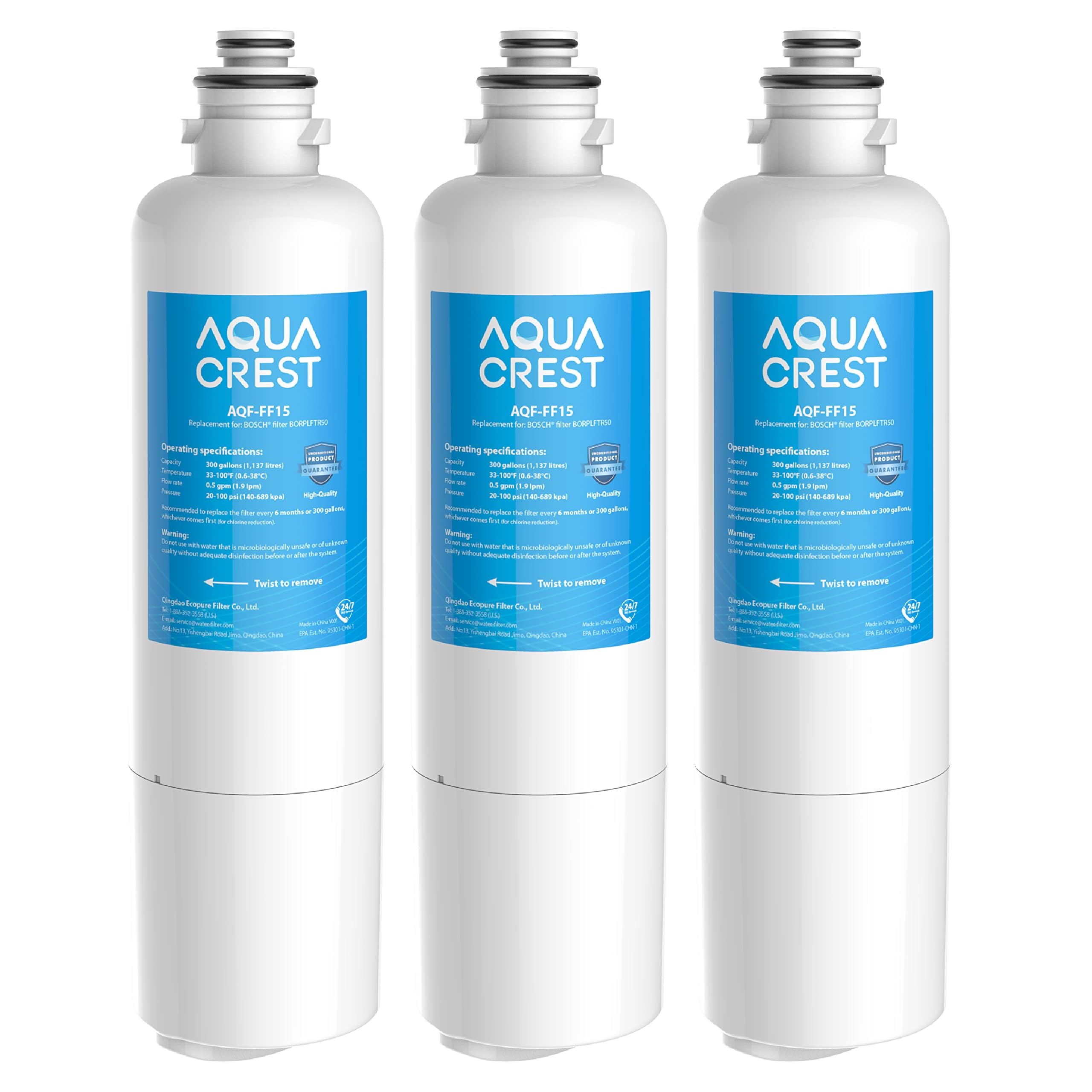 AQUA CREST 12033030 Replacement for Bosch® UltraClarity® Pro BORPLFTR50, 11032531 Refrigerator Water Filter, Compatible with 11025825, BORPLFTR55, B36CD50, B22CS50, B36FD50SNS, B36CT80SNS, 3 Filters
