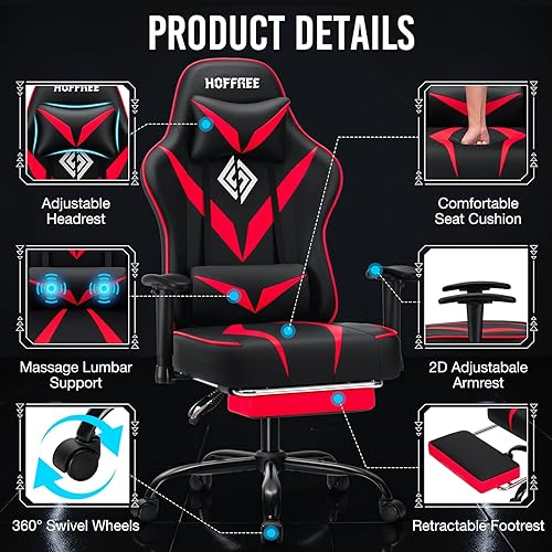 Miniatura 8 de HOFFREE Silla de masaje para juegos con cojín de resorte de bolsillo, silla reclinable de 155 para computadora con reposapiés y reposabrazos