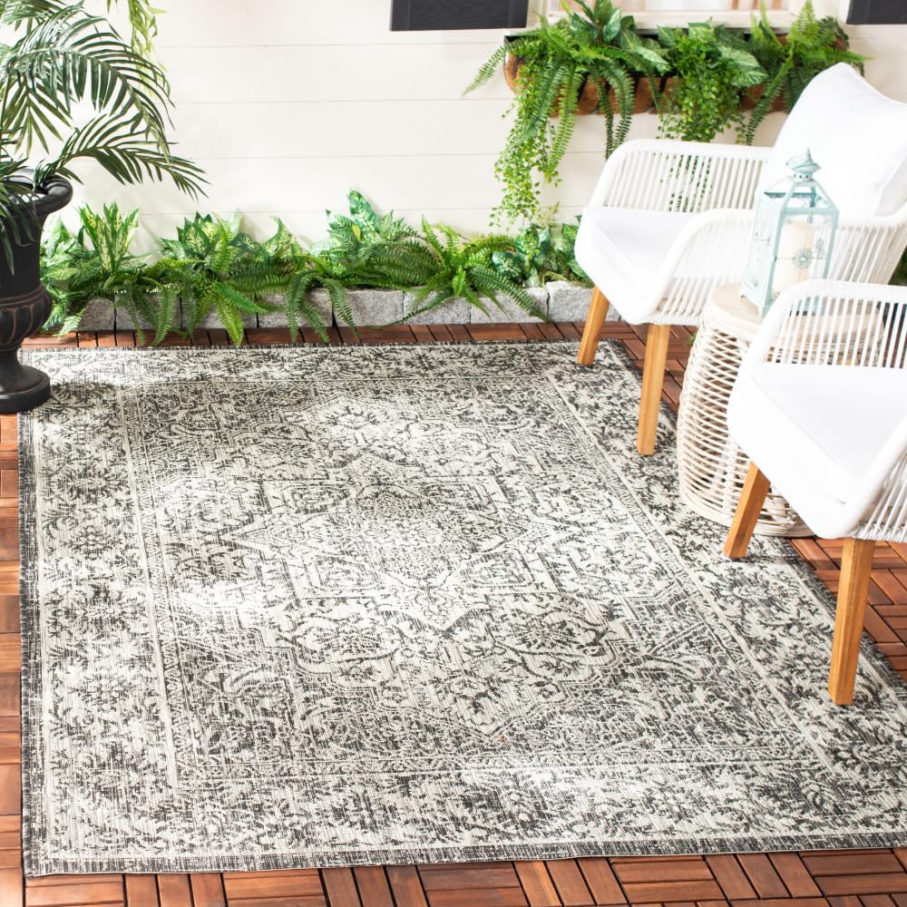 SAFAVIEH Washable Rug Outdoor Courtyard Collection - 4' x 5'7", Slate & Grey, Non-Shedding & Easy Cleaning, Ideal for Patio, Backyard, Mudroom (CY8763-376)