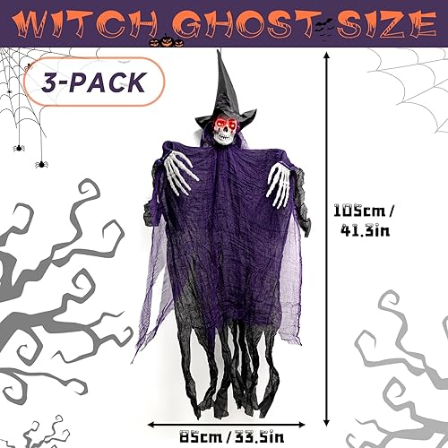 Miniatura 9 de Decoración de Halloween, fantasma de esqueleto de bruja colgante, 41.3 pulgadas con ojos brillantes, decoraciones de Halloween para exteriores,