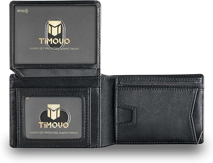 TiMOVO Slim Wallet for Men with RFID Blocking, Leather Bifold Wallet with 2 ID Window, Multifunct Quick Slot Design with Gift Box, Black