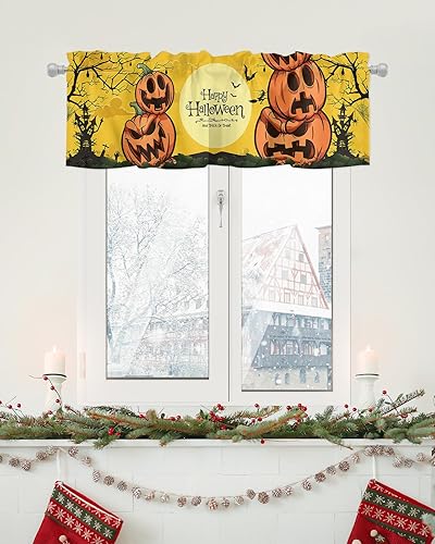 Miniatura 6 de Window Valance Curtain for Kitchen, Halloween Pumpkin Bat Branch Castle Moon 42"x12" Rod Pocket Window Treatment Valance Privacy Toppers Drape for