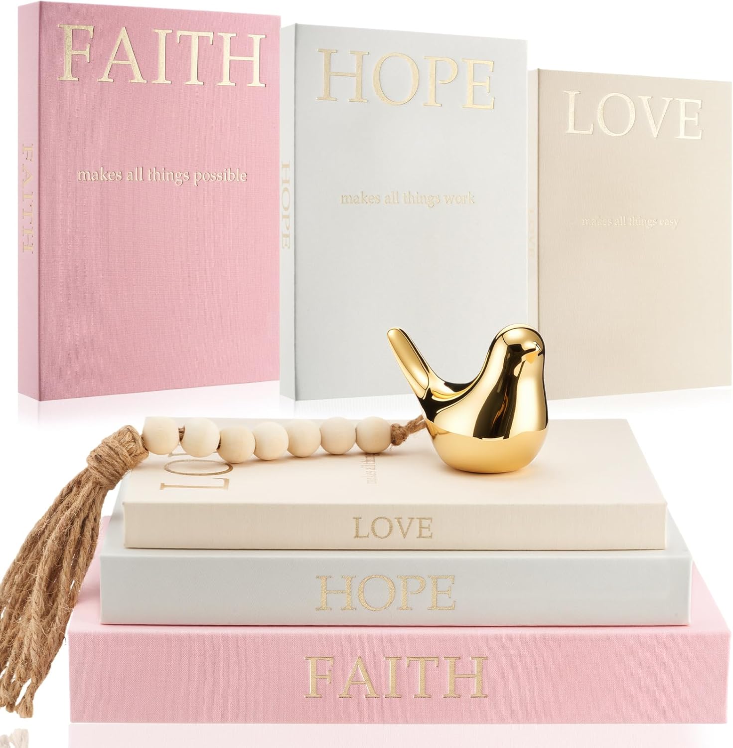 Faccito Set of 3 Linen Decorative Books Set Includes Gold Bird and Wooden Beaded Tassel Elegant Aesthetic Fake Books for Coffee Table Shelf Mantel Storage Boxes for Home Decor(Elegant Colors)