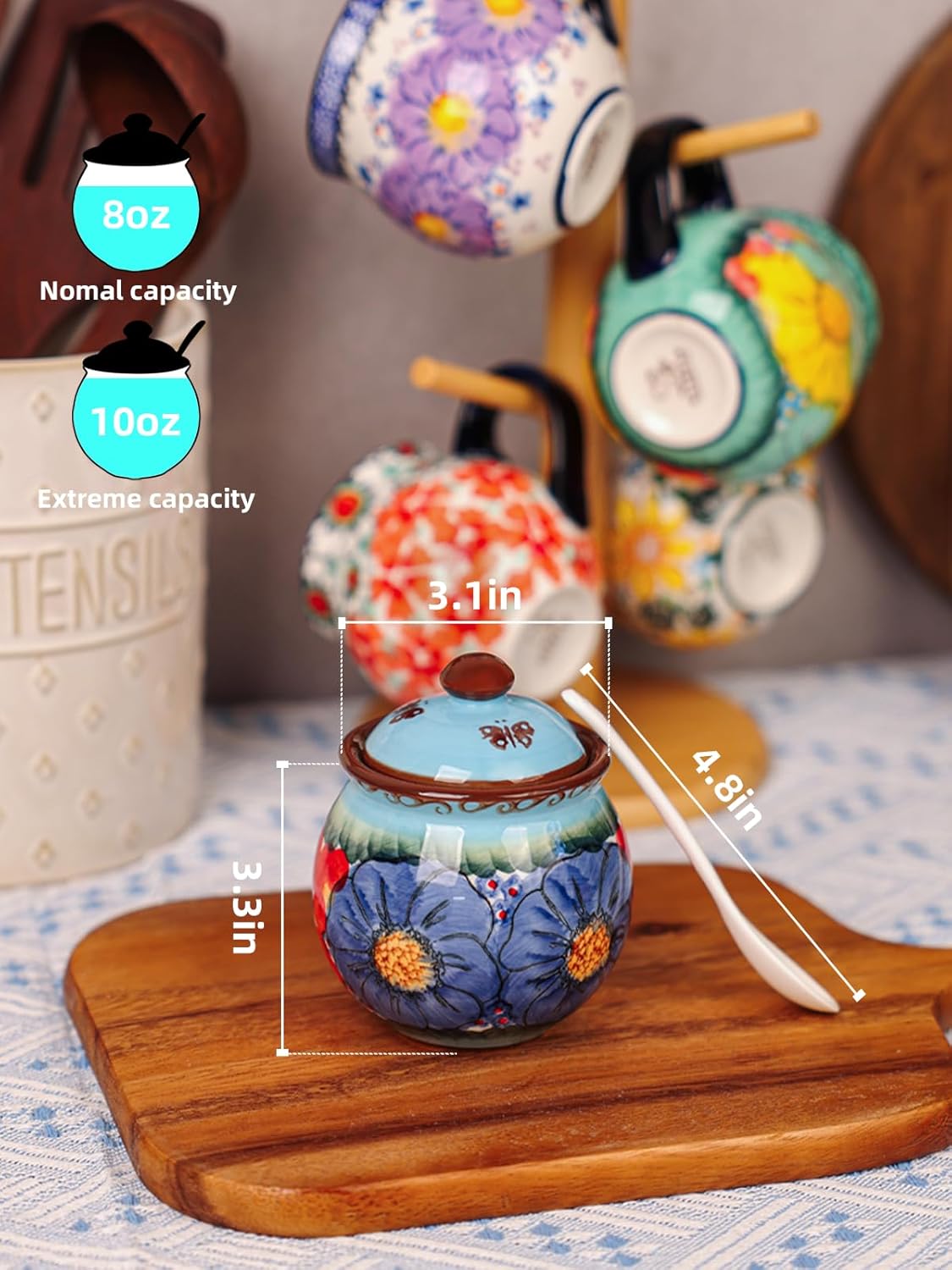 silesia Handmade Sugar Bowl with Lid and Spoon, 8 oz Hand-Painted Ceramic Sugar Jar, Floral Design Seasoning Container for sugar, honey, or spices, Dishwasher Safe (Glazed Blue)