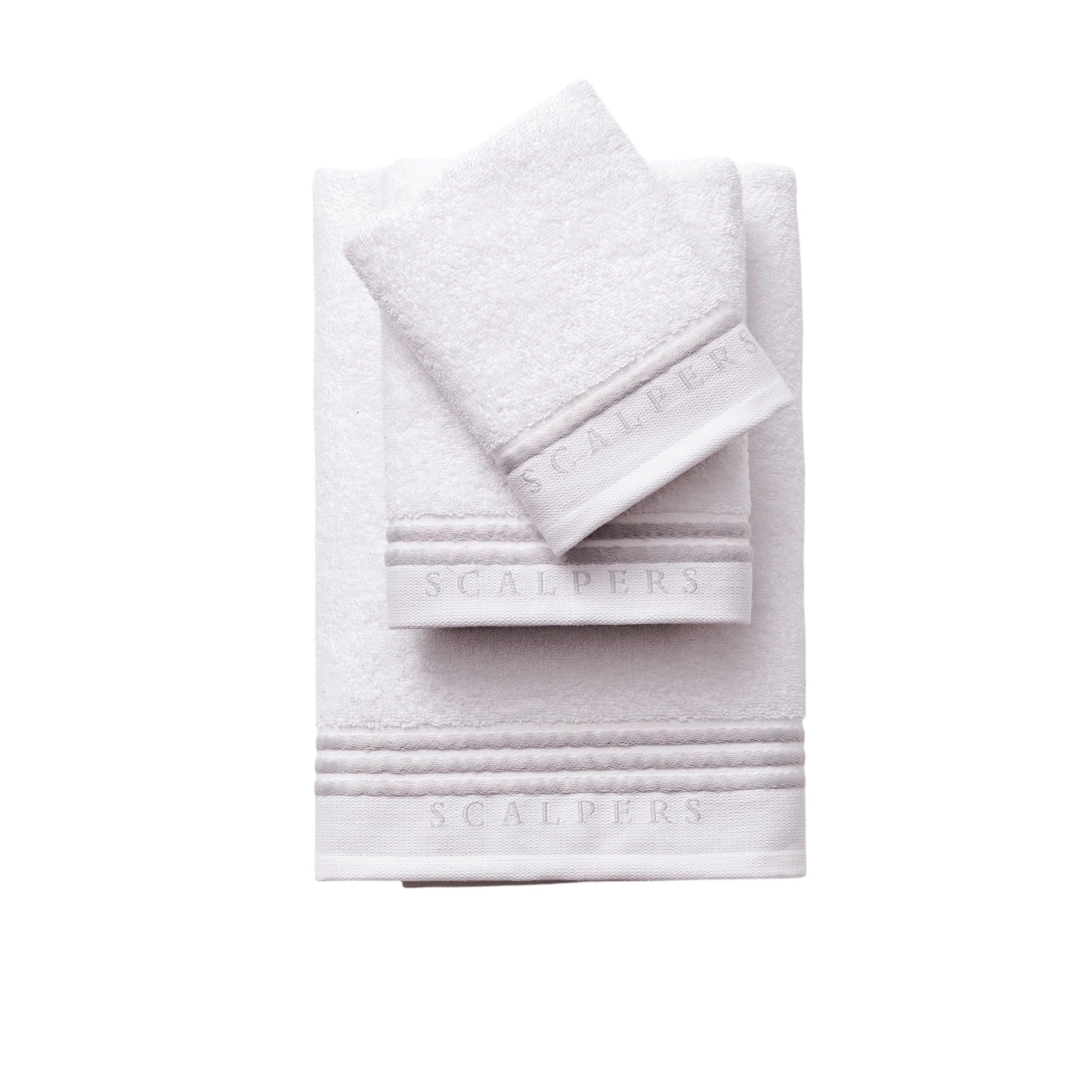 Set Toallas baño (tocador 30x50cm + Manos 50x90cm + baño 70x140cm) 450GSM en algodón Blanco con Gris Scalpers Home