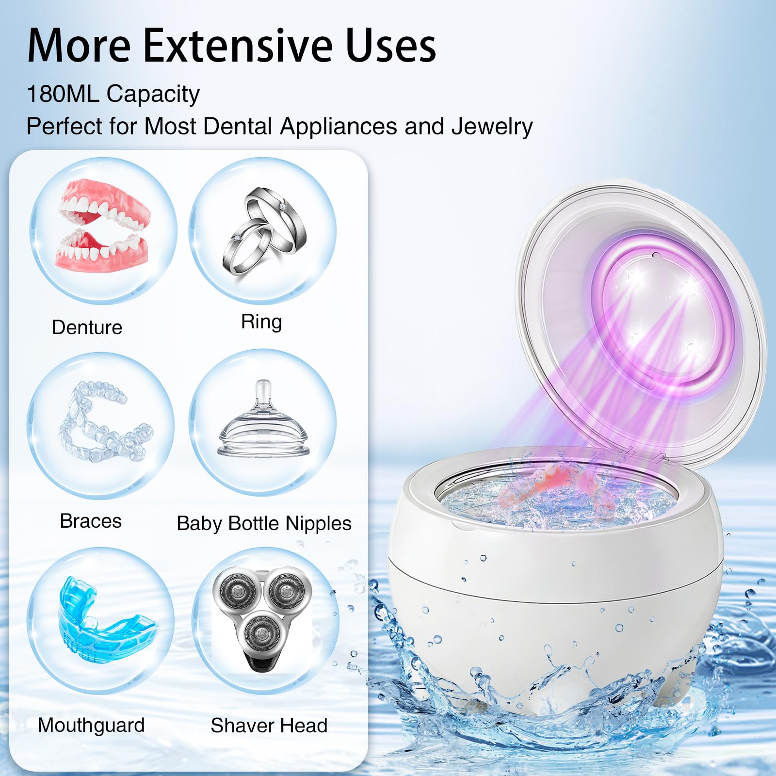 Máquina limpiadora ultrasónica de retención de 45 kHz, limpiador ultrasónico de prótesis con UVA + UVC para alineador, protector nocturno, protector bucal, etc. Cuidado dental bucal, (blanco)