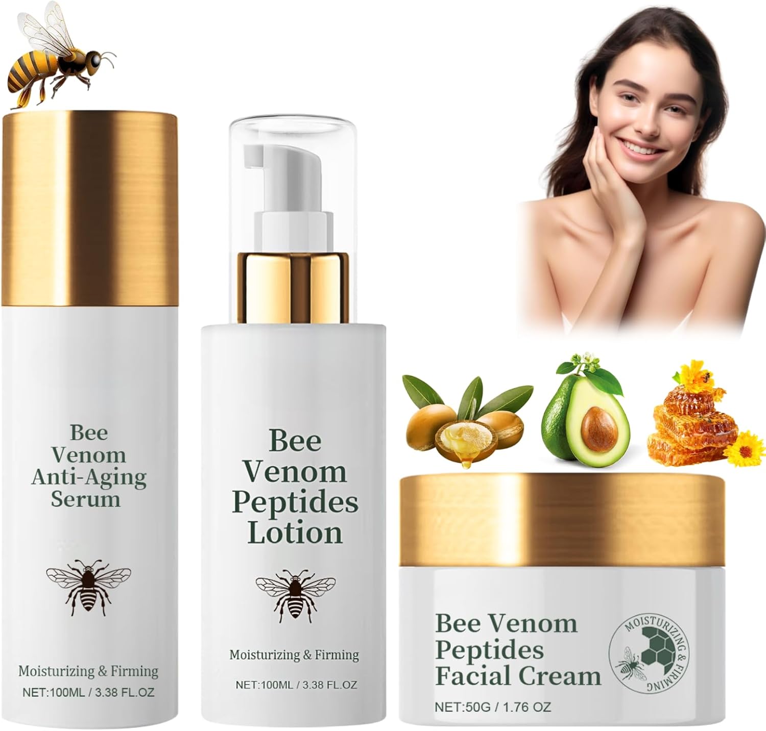 Bee Venom Skincare Set, 3PCS Bees Venom Skin Care Sets & Kits, Pure Bee Venom Skincare Gift Set, Facial Kits for Women with Bee Venom Serums, Lotion, Cream, for Restorative, Firming, & Hydrating