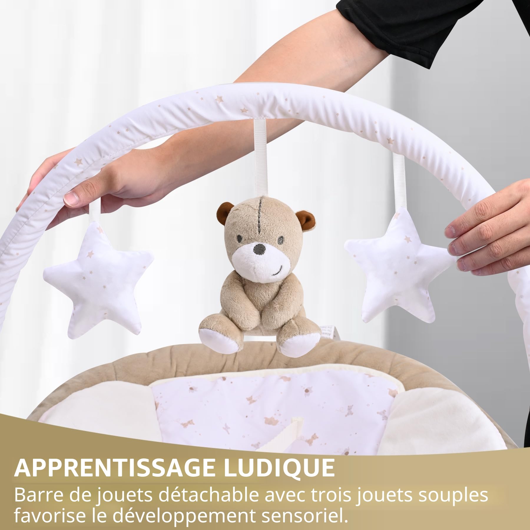 LADIDA Transat pour bébé rembourré en peluche avec vibrations et mélodies apaisantes, bruit blanc, barres de jouets amovibles avec jouets mignons 0m+ Marron (078)