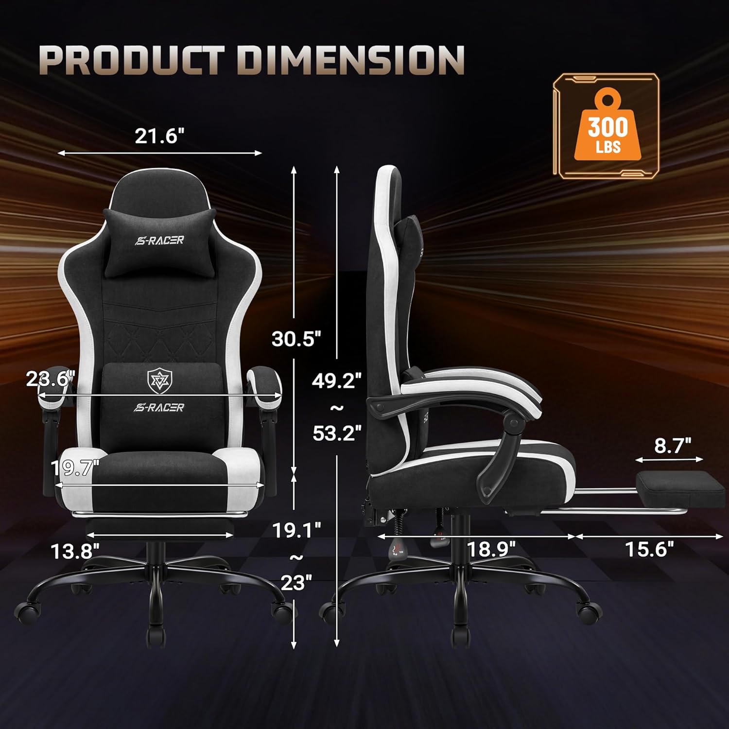 Homall Gaming Chair with Massage & Footrest, Ergonomic Computer Office Chair, High-Back Racing Style Reclining Chair with Adjustable Lumbar Support, Breathable Tech Fabric for Adults (Black)
