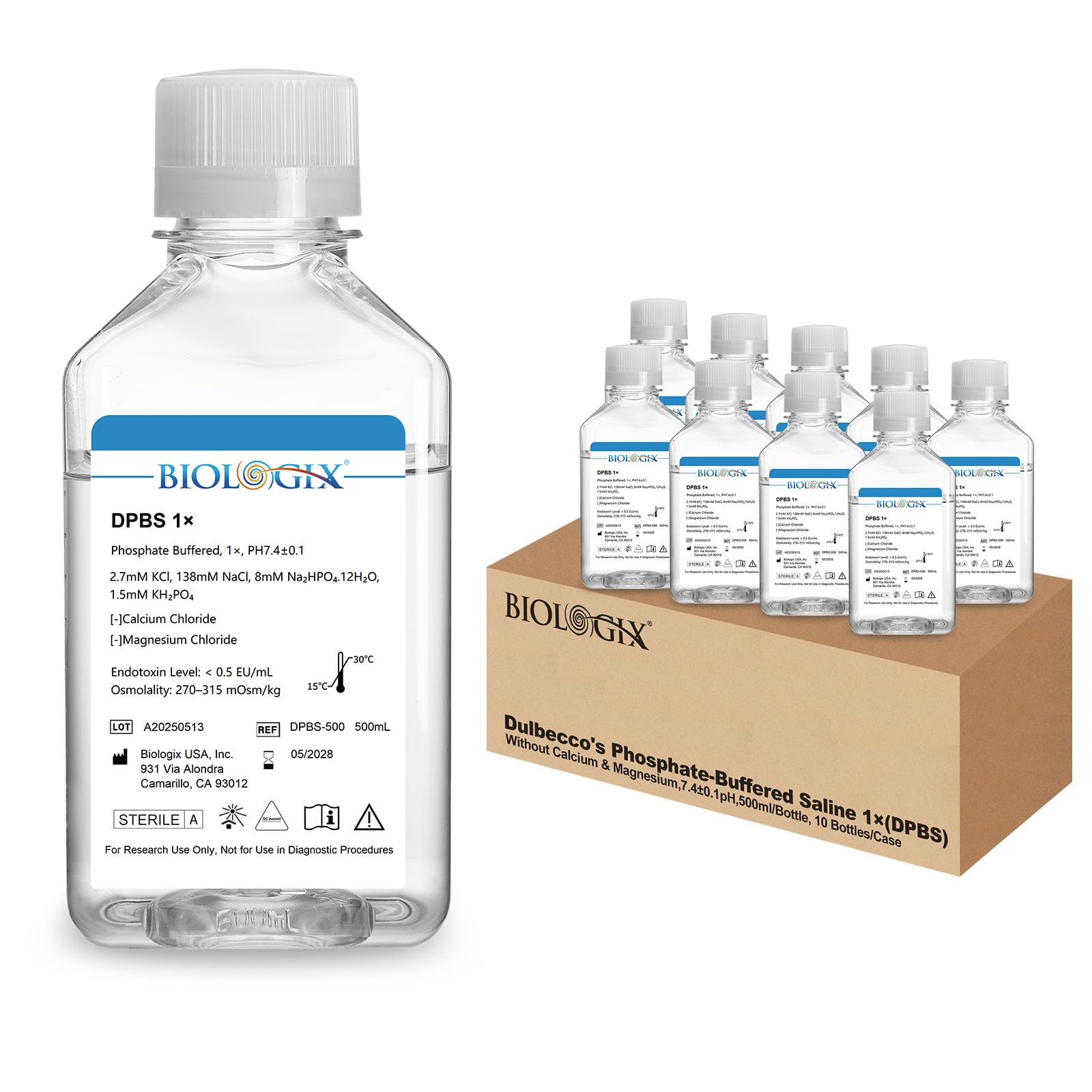 10 sztuk roztworu buforanowego 500 ml bez wapnia i magnezu, roztwór buforowy DPBS, 1 koncentrat, 7,4PH, filtracja 0,1 μm, sterylizacja (10 sztuk 500 ml)