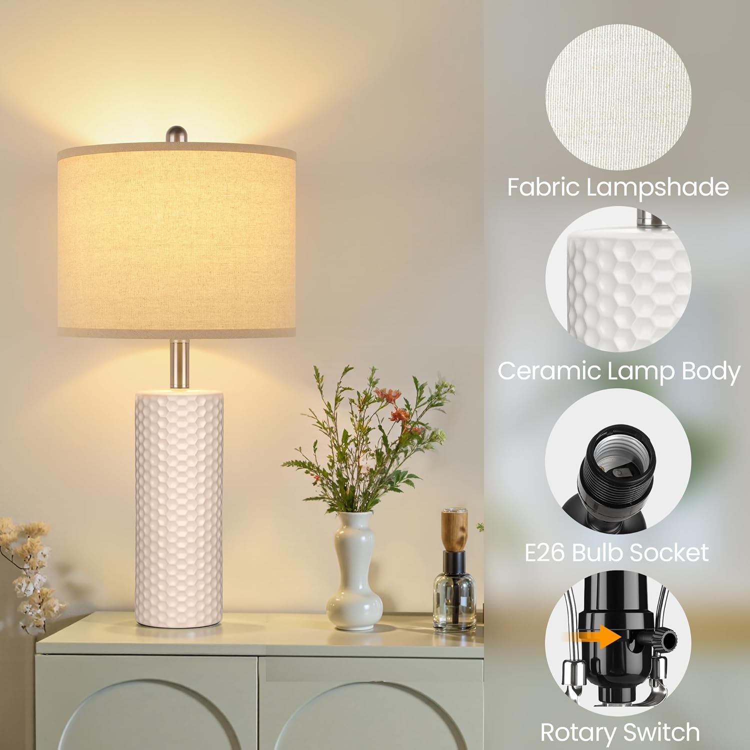 GGOYING 25.6'' Modern Ceramic Table Lamp Set of 2, Nightstand Desk Lamp No Bulb Included, Farmhouse Bedside Lamps for Bedroom, Living Room, Office