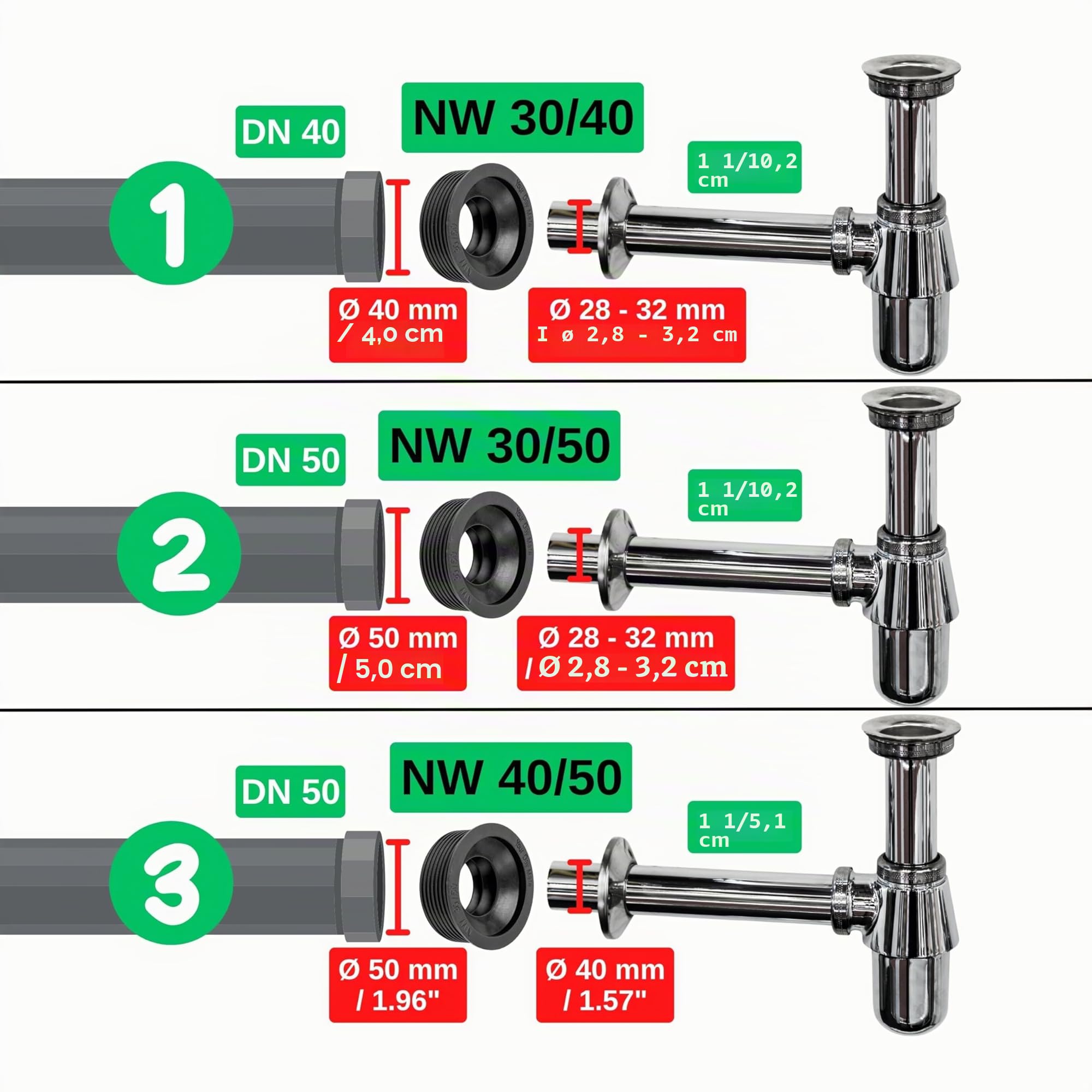 Manicotto Sifone in Gomma, 1 pz, DN 30/40, Per Tubo di Scarico DN40 HT con Ø Interno 40 mm e Tubo Sifone Esterno da 1 1/4" Ø 28-32 mm, Guarnizione Lavello in Gomma Attacco Ø 45 mm Profonda 25 mm