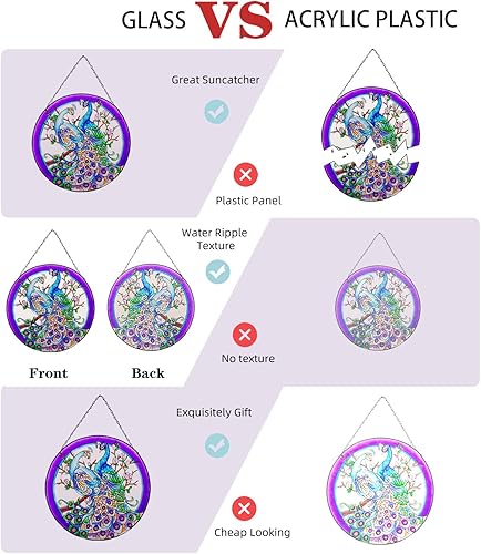 Miniatura 5 de Colgantes de ventana de cristal de pavo real de 11.8 pulgadas, decoración artística de pared de pavo real, panel atrapasoles con cadena (morado)