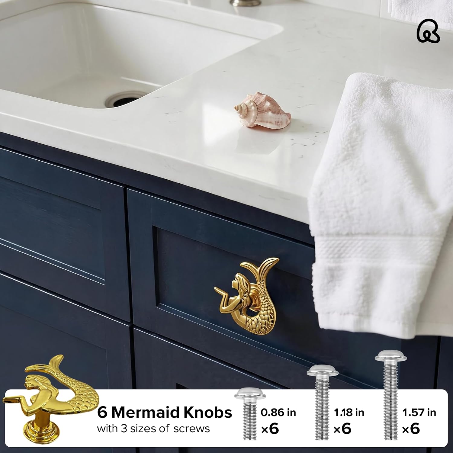 Remunkia Mermaid Drawer knobs, 6 Pcs Gold Cabinet Knobs, Single Hole Drawer Handles, Ocean Theme Home Decor, Drawer and Cabinet Hardware for Dresser, Wardrobe, Closet (Mermaid, Gold)
